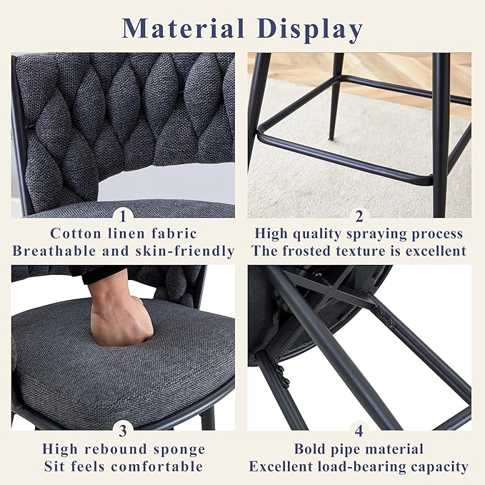 4 Set Swivel Bar Stools with Breathable Linen Cotton Seats 360° Rotating Counter Height Stools, Heavy Duty Iron Frame, 300lb Capacity for Kitchen Island, Dining Pub Blackish Gray