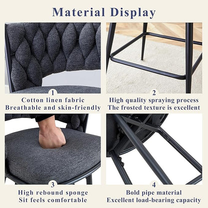 4 Set Swivel Bar Stools with Breathable Linen Cotton Seats 360° Rotating Counter Height Stools, Heavy Duty Iron Frame, 300lb Capacity for Kitchen Island, Dining Pub Blackish Gray