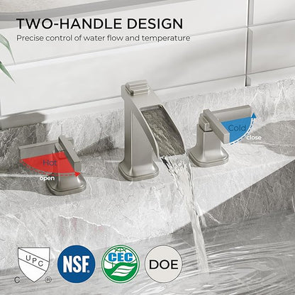FORIOUS Brass Bathroom Faucets 3 Hole, Modern Waterfall Widespread 8 Inch Brushed Nickel Bathroom Sink Faucet with Metal Pop-up Drain and Pre-Assembled Hose for Vanity, Restroom, Bathtub