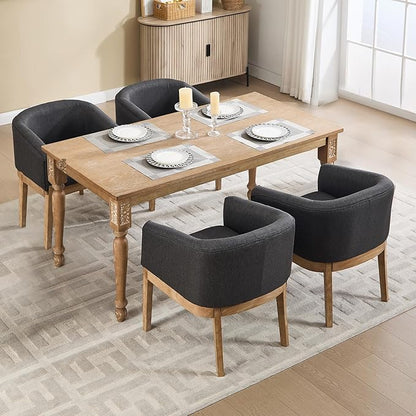 Barrel Dining Chairs Set of 4, Mid Century Modern Farmhouse Kitchen Chairs with Wood Legs, Linen Upholstered Accent Chair with Arms for Living Room/Bedroom, Grey