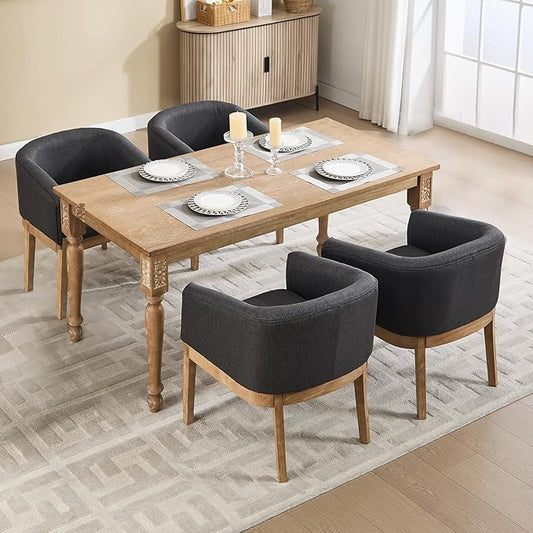 Barrel Dining Chairs Set of 4, Mid Century Modern Farmhouse Kitchen Chairs with Wood Legs, Linen Upholstered Accent Chair with Arms for Living Room/Bedroom, Grey