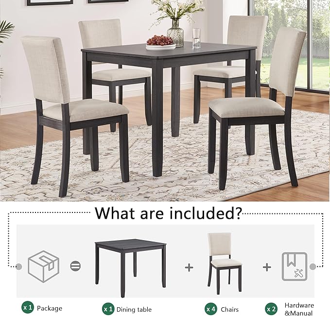 5-Piece Modern Wooden Dining Table Set for 4, Dining Table Set for 4 People with Upholstered Chairs, Square Kitchen Table and Chairs Set for Dining Room and Kitchen, Antique Black + Beige