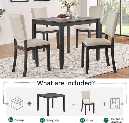 5-Piece Modern Wooden Dining Table Set for 4, Dining Table Set for 4 People with Upholstered Chairs, Square Kitchen Table and Chairs Set for Dining Room and Kitchen, Antique Black + Beige