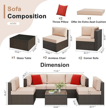 Shintenchi 6 Pieces Patio Furniture Sets Outdoor All-Weather Sectional Patio Sofa Set PE Rattan Manual Weaving Wicker Patio Conversation Set with Glass Table&Ottoman Cushion and Red Pillows, Beige