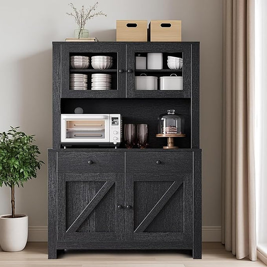 IDEALHOUSE 63" Kitchen Pantry Cabinet with Drawers, Hutch Cabinet with Storage, Microwave Stand, Adjustable Shelves, Freestanding Tall Pantry Storage for Dining Room, Living Room, Black