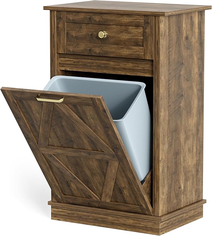 YESHOMY 10 Gallon Tilt-Out Trash Cabinet, Wooden Hidden Garbage Can Holder with Storage Drawers for Kitchen and Dining Room, Dark Brown (2 Piece)