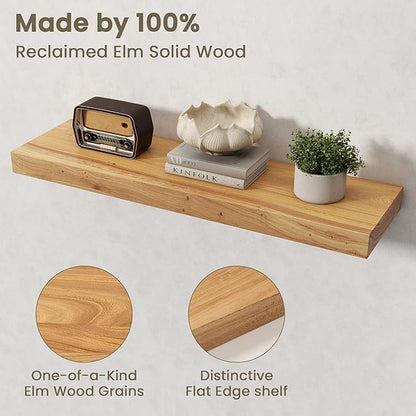 Fun Memories Solid Elm Wood Floating Shelves Set of 2-32 Inch Rustic Wall Shelves with Heavy-Duty Invisible Brackets - for Living Room, Kitchen, Bedroom, Bathroom - Natural Finish
