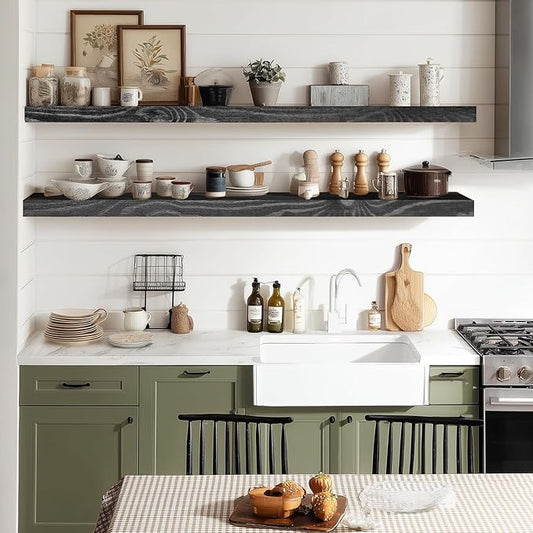 36"x6.8"x1.2" Solid Wood Floating Shelves 2-Pack - Rustic Black Finish with Hidden Brackets, Perfect for Storage and Décor in Living Room, Kitchen, Bedroom