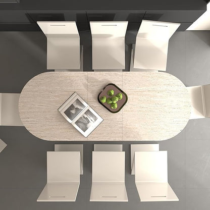 Extendable Dining Room Table for 4 6 8, 78.74" to 62.99" Beige Faux Travertine Marble Pattern Modern Farmhouse Wooden Kitchen Expanding Long Large Expandable Conference Table with Pedestal Base