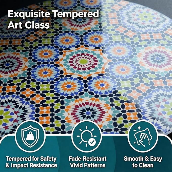 Simmer Stone 13.4" Outdoor Side Table, Round Patio Bistro Table Printed Tempered Glass Top, Waterproof Rust-Proof Base, Small Plant Stand for Balcony, Garden, Deck, 21.6" H (Morocco)