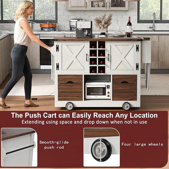 54" Farmhouse Kitchen Island Table with Drop Leaf, Power Outlet, Kitchen Storage Cart with 2 Doors, 2 Drawers, Rolling Kitchen Island on 4 Large Wheels with Spice Rack for Kitchen, Dining Room, White