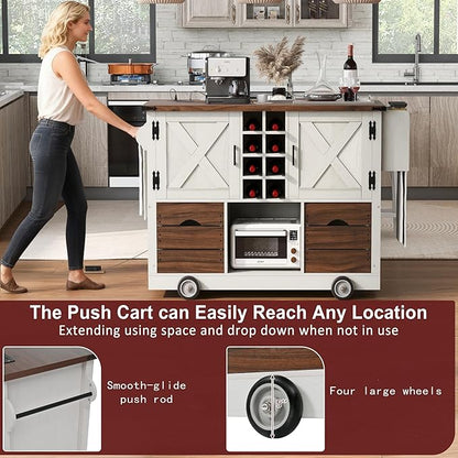 54" Farmhouse Kitchen Island Table with Drop Leaf, Power Outlet, Kitchen Storage Cart with 2 Doors, 2 Drawers, Rolling Kitchen Island on 4 Large Wheels with Spice Rack for Kitchen, Dining Room, White
