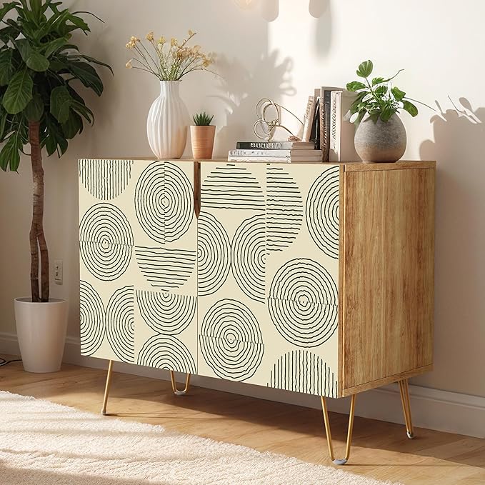 SIGNWIN Sideboard Buffet Cabinet, Kitchen Storage Cabinet with 2 Doors, Black & White Duotone Circle Polygons, Cupboard Console Table for Dining Room - 35" L x 18" W x 29" H