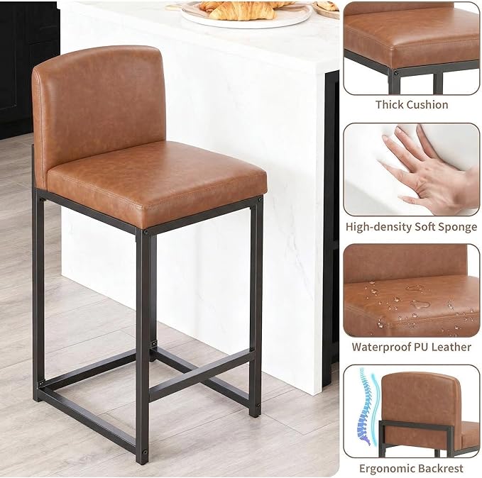 GarveeHome Bar Stools Set of 2, Modern Counter Height Bar Stools with Back and Footrest, Faux Leather Upholstered Barstools Chairs for Kitchen Island Dining Room Bar, Brown