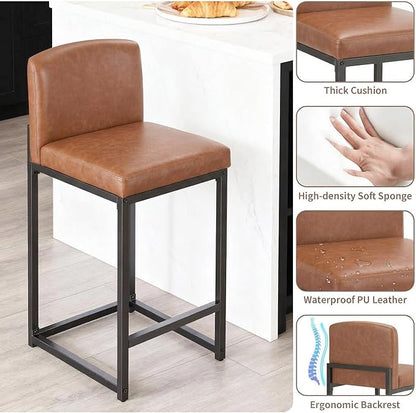 GarveeHome Bar Stools Set of 4, Modern Counter Height Bar Stools with Back and Footrest, Faux Leather Upholstered Barstools Chairs for Kitchen Island Dining Room Bar, Brown
