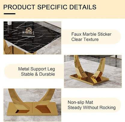 AZmac 63'' Black Dining Room Table for 4-6, Faux Marble Dining Table with Gold Base, Rectangle Kitchen Table with Tempered Glass Top for Kitchen Dining Room