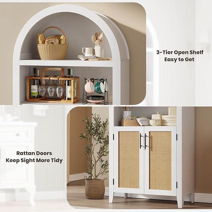 Garvee Arched Kitchen Pantry Storage Cabinet - 5-Tier Open Display Shelf with Rattan Decor, Farmhouse Storage Cabinet for Kitchen, Dining Room, Living Room, White