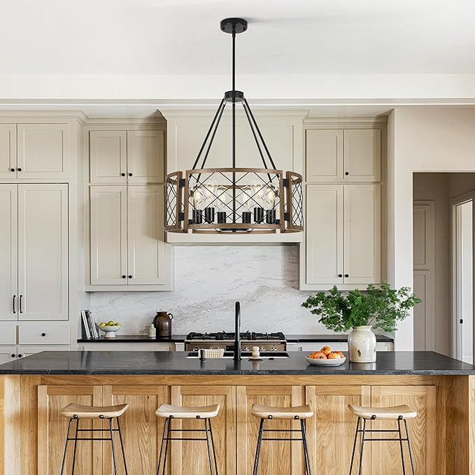Sigaitwei 6-Light Large Farmhouse Chandelier Brown Rustic Chandelier for Dining Room Wood Texture Adjustable Pendant Light,Drum Chandelier for Kitchen Island Entryway Bedroom Hallway,21.7'',E26.