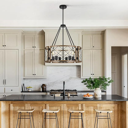 Sigaitwei 6-Light Large Farmhouse Chandelier Brown Rustic Chandelier for Dining Room Wood Texture Adjustable Pendant Light,Drum Chandelier for Kitchen Island Entryway Bedroom Hallway,21.7'',E26.
