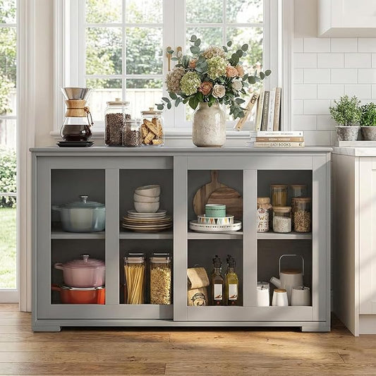 NAFORT Wooden Buffet Cabinet Sideboard with Sliding Doors, Kitchen Storage Console Table, Accent Coffee Bar with Adjustable Shelf for Living Room, Dining Room, Entryway (Gray)