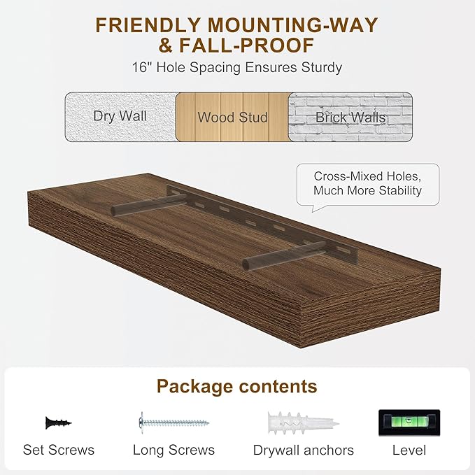 Fun Memories 66 Inch Fireplace Mantel - Long Floating Shelf, Wall Mounted Farmhouse Display with Invisible Heavy Duty Metal Bracket, Walnut, 2 Pack