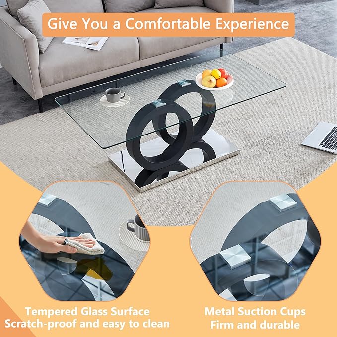Glass Coffee Table for Living Room, 47" Modern Rectangle Coffee Tables with Tempered Glass Top and Unique Wooden Base, Clear Center Table for Living Room, Apartment, Office