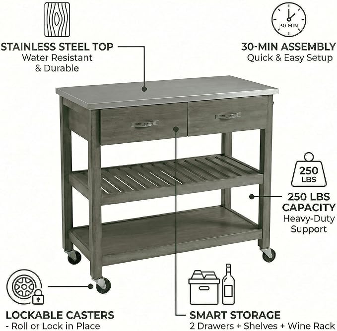 Casaphoria Amanda Collection Solid Wood Kitchen Island, 42" Butcher Block Cart with Stainless Steel Top & Locable Wheels, Prep Table for Small Spaces (Weathered Gray)