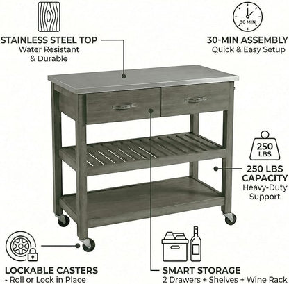 Casaphoria Amanda Collection Solid Wood Kitchen Island, 42" Butcher Block Cart with Stainless Steel Top & Locable Wheels, Prep Table for Small Spaces (Weathered Gray)
