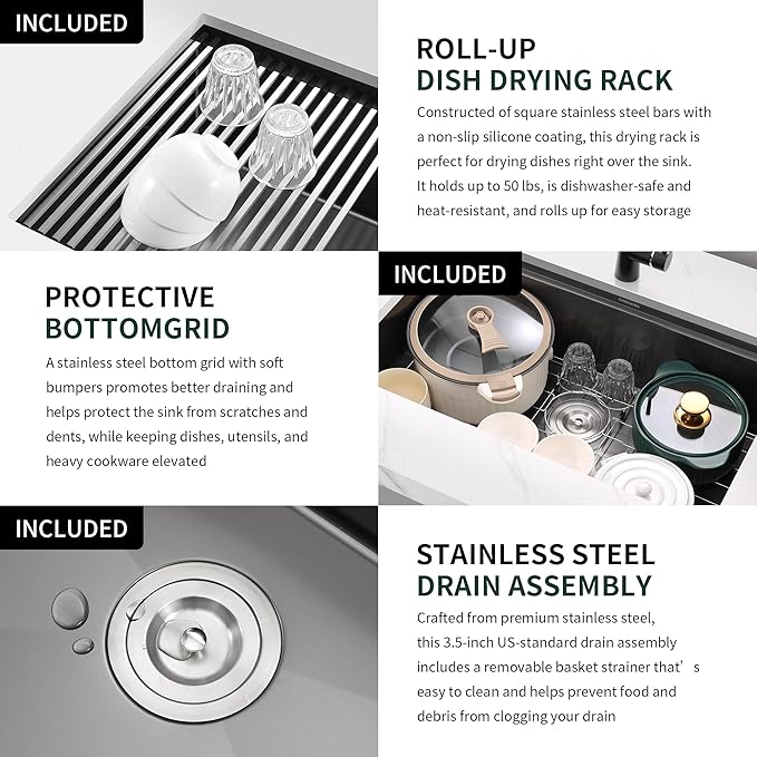 33-inch Black Undermount Kitchen Sink Workstation, SINKVINE 33x19 Large Outdoor Prep Sink, PVD Nano Stainless Steel Single Bowl w/Wood Cutting Board, SST Colander, and Roll-up Dish Drying, Dark Gray