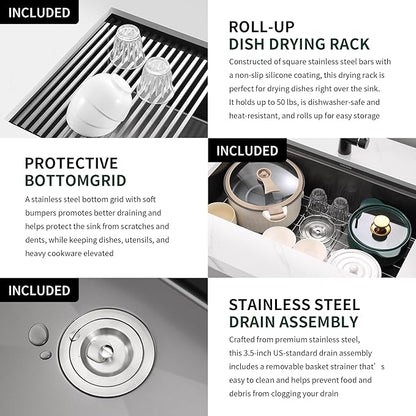 33-inch Black Undermount Kitchen Sink Workstation, SINKVINE 33x19 Large Outdoor Prep Sink, PVD Nano Stainless Steel Single Bowl w/Wood Cutting Board, SST Colander, and Roll-up Dish Drying, Dark Gray