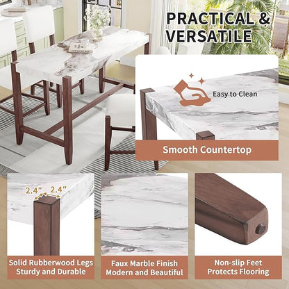 Merax 5-Piece Counter Height Dining Set with 1 Faux Marble Top Bar Table and 4 Upholstered Chairs, Mid-Century Modern Kitchen Table Set for Dining Room, Pub Kitchen
