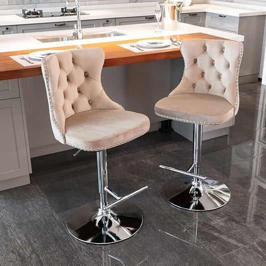 Rhomtree Velvet Swivel Bar Stools Upholstered Bar Stool with Button Tufted Back and Pull Ring Height Adjustable Barstools 25-33 Inch for Home Pub and Kitchen Island (Khaki with Silver Base, Set of 2)