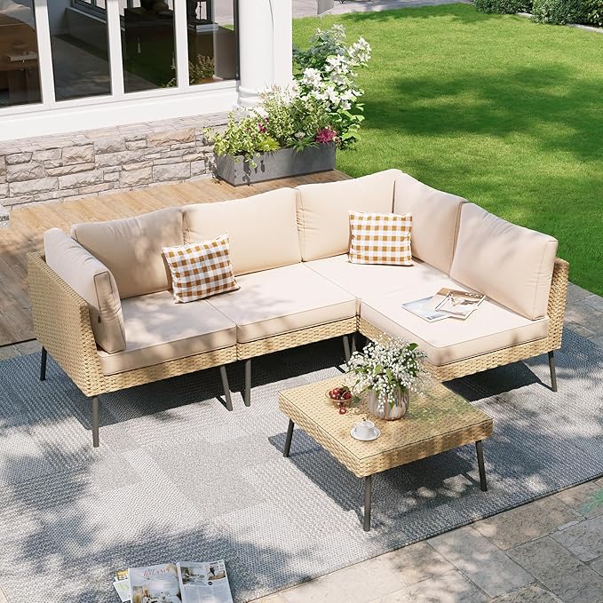 Aoxun 5-Piece Patio Furniture Set, Wicker Outdoor Furniture with Water Resistant Thick Cushions, Patio Conversation Set Outdoor Sectional Sofa with Coffee Table for Backyard Poolside, Beige