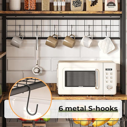 IRONCK Corner Bakers Rack with Power Outlet, Coffee Bar 6 Tier with Storage Cabinet, Vintage Industrial Microwave Stand with 6 Hooks, Kitchen Shelves with Wire Basket, Rustic Brown
