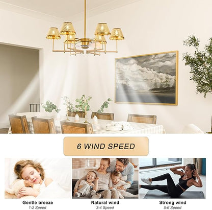 Garwarm 37.4" Ceiling Fans with Lights,Chandelier Ceiling Fan Boho Rattan Fandelier Ceiling Fan with Lights Remote Control for Kitchen Island Dining Living Room