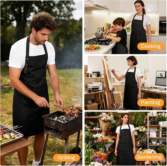 Adjustable Bib Apron Waterdrop Resistant with 2 Pockets Cooking Kitchen Aprons for Women Men Chef