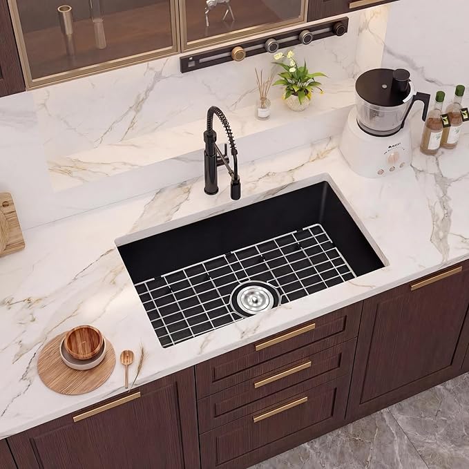 Rhbamoa 28 Inch Black Composite Kitchen Sink,Matte Black Undermount Granite Kitchen Sinks Single Bowl,9 Inch Depth Quartz Sink with Accessories