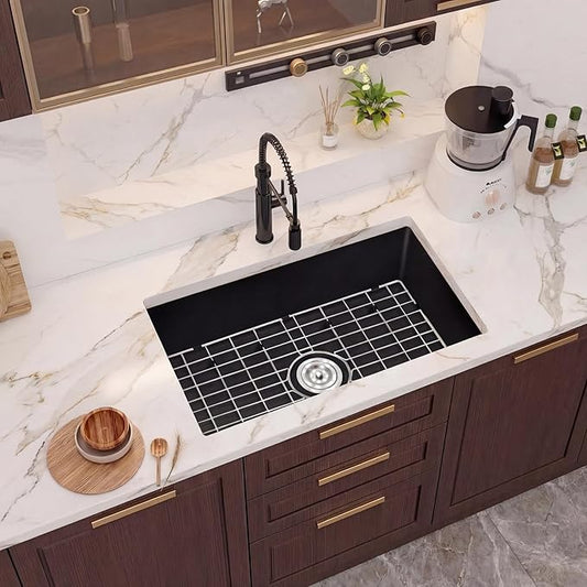 Rhbamoa 28 Inch Black Composite Kitchen Sink,Matte Black Undermount Granite Kitchen Sinks Single Bowl,9 Inch Depth Quartz Sink with Accessories