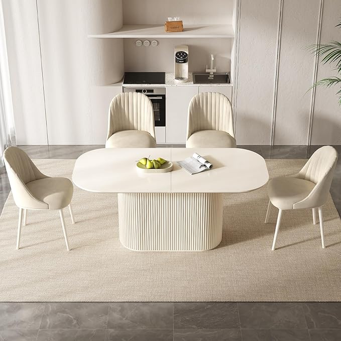 70" Oval Dining Table Set for 4, Modern Dining Room Table with 4 Chairs for Kitchen, Living Room, Bar, 5 Piece Kitchen Tables Set, Cream White Oval Dinner Tables with Stable Pedestal