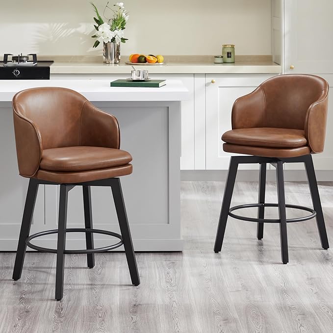 KISLOT Counter Height Barstools 26 inch Upholstered Swivel Bar Stools with Back for Kitchen Island,Set of 2,Brown PU Leather