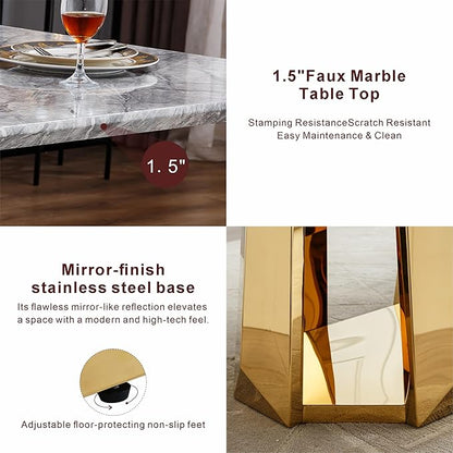 70" Marble Dining Table for 6-8, Modern Luxury Gold Rectangular Large Kitchen Table, Marble Grain MDF Tabletop & Stainless Steel Base, Dinner Furniture for Kitchen Dining Room, Meeting Room, Grey