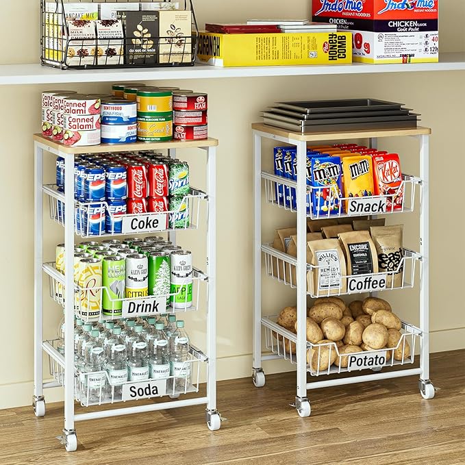 OKZEST 4-Tier Small Kitchen Storage Cart on Wheels with Pull-Out Drawers, Rolling Pantry and Snack Organizer Cart with Wood Top, Kitchen Floor Fruit Basket Stand for Fruit Potato Onion Veggie Snack