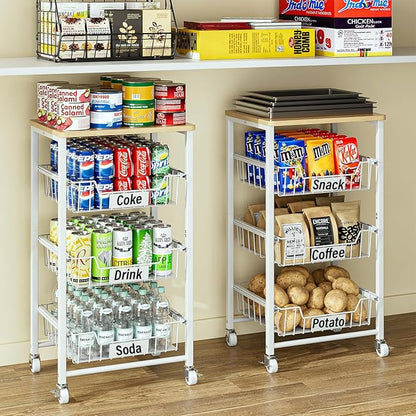 OKZEST 4-Tier Small Kitchen Storage Cart on Wheels with Pull-Out Drawers, Rolling Pantry and Snack Organizer Cart with Wood Top, Kitchen Floor Fruit Basket Stand for Fruit Potato Onion Veggie Snack