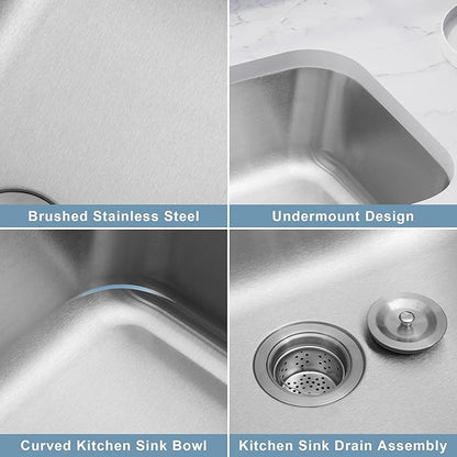 Undermount Kitchen Sink - 32 x18 x 9 Inch Stainless Steel Single Bowl Kitchen Sink, Large and Deep Round Corner Undermount Sink with Drain Assembly