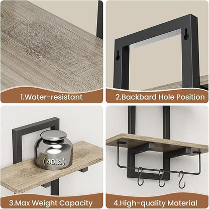 Creso hom Floating Shelves, 15" Wall Shelf Set of 2, Hanging Bathroom Shelves 2-Tier, Wall Mounted Storage Shelves, for Living Room Bedroom Bathroom Kitchen Office Coffee Bar, Greige