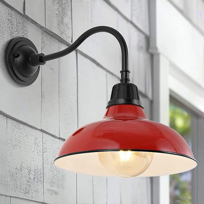 JONATHAN Y 12.25" Red/Black Farmhouse Industrial Outdoor Sconce, LED Gooseneck Wall Light for Porch, Metal Bowl Shade, Dimmable Vintage Exterior Fixture, LED Bulb Included (JYL7613E)