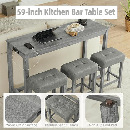 59 inch Bar Table and Chairs Set with with Power Outlet, Industrial Hight Counter Height Bar Table with 3 Upholstered Stools,4 Pieces Space-Save Breakfast Table Set for Kitchen Dining Room Cafe(Grey)