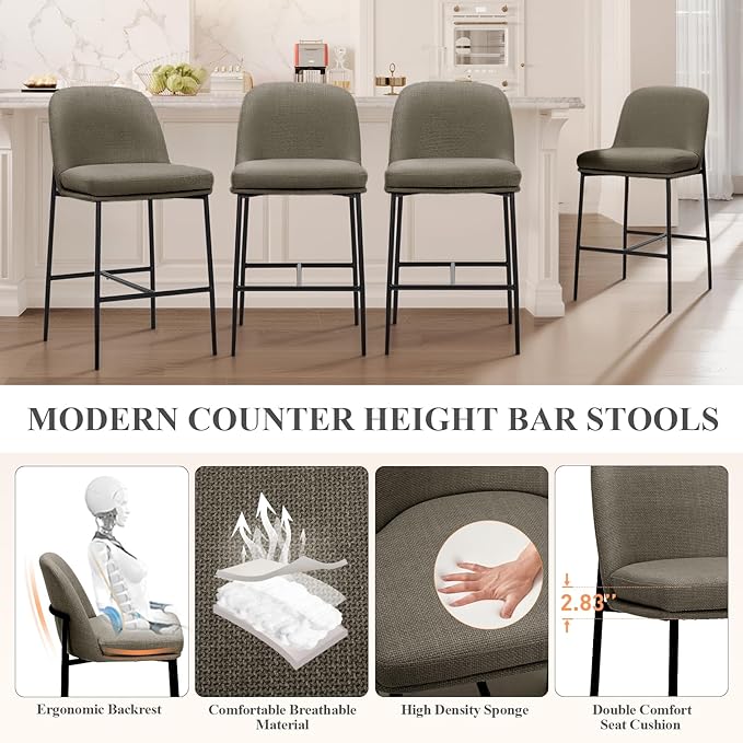 COLAMY Counter Height Bar Stools Set of 2, 25 Inch Modern Fabric Kitchen Island Stools with Back, Upholstered Counter Barstools Armless Bar Chairs with Metal Legs for Island Dining Room Bar,Brown