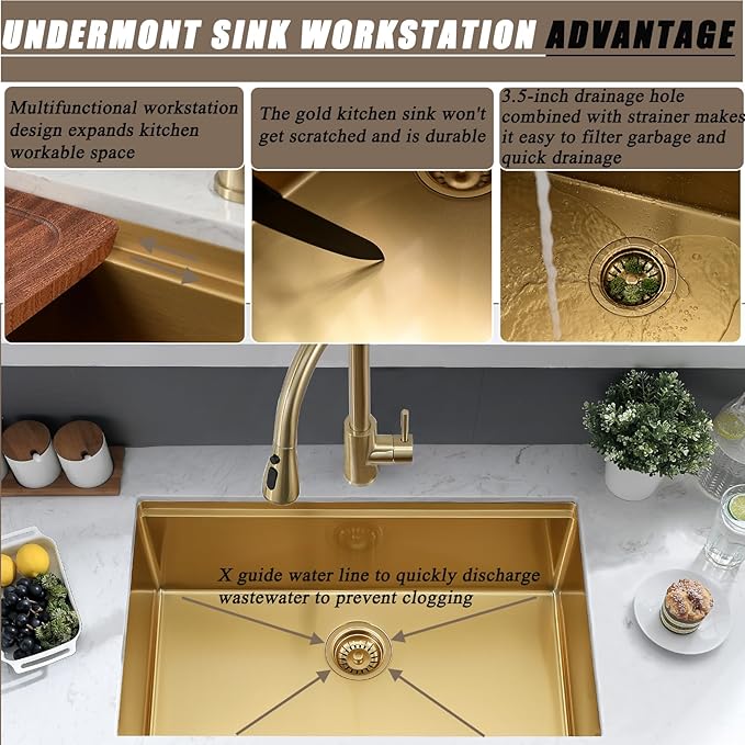 28 Inch Gold Undermount Kitchen Sink,28x18 Undermount Stainless Steel Kitchen Sink Brushed Gold Workstation 16 Gauge 10" Deep Single Bowl Kitchen Sinks with Accessories