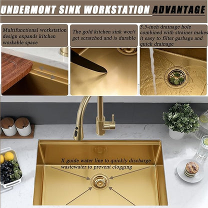 28 Inch Gold Undermount Kitchen Sink,28x18 Undermount Stainless Steel Kitchen Sink Brushed Gold Workstation 16 Gauge 10" Deep Single Bowl Kitchen Sinks with Accessories